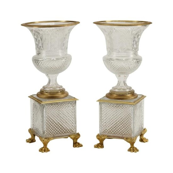 Pair of Baccarat Style Cut Glass Urns with Dore Bronze