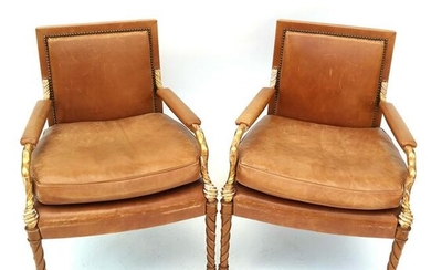 Pair of Neoclassic Parcel Gilt Birch Wood Arm Chairs