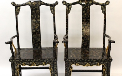 Two Chinese black lacquer and chinoiserie decorated throne c...