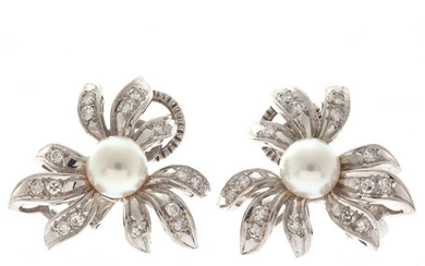 Pair of Diamond, Cultured Pearl, 18k Ear Clips