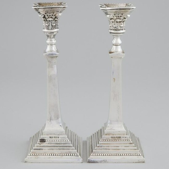 Pair of English Silver Table Candlesticks, probably A.