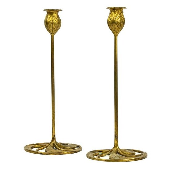 Pair of French Art Nouveau gilt bronze candlesticks