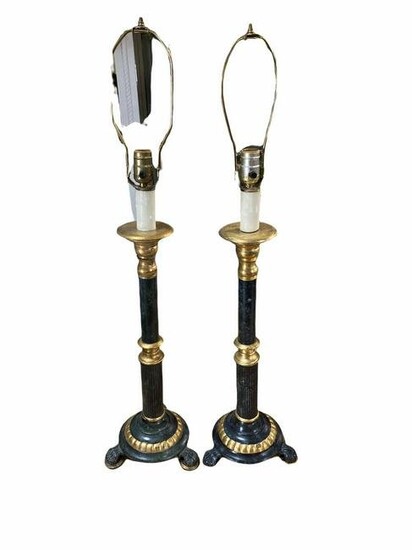Pair of French Empire Style Gold and Black Meta Lamps