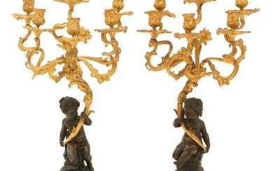 Pair of French Louis XV-Style Gilt & Patinated Bronze Figural Six-Light Candelabra