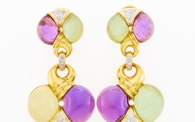 Pair of Gold, Cabochon Amethyst, Chalcedony and Green Quartz and Diamond Pendant-Earrings