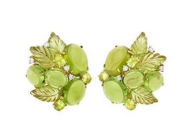 Pair of Gold, Peridot and Diamond Cluster Earclips