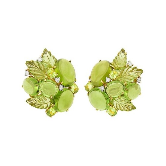 Pair of Gold, Peridot and Diamond Cluster Earclips