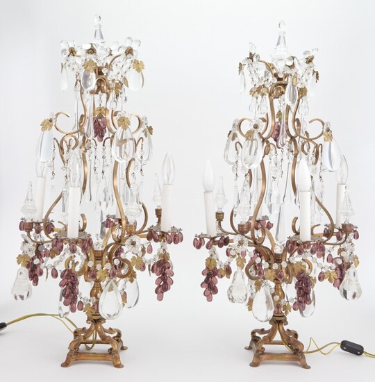 Pair of Italian Neoclassical Style Patinated Metal and Glass Four-Light Candelabra Lamps