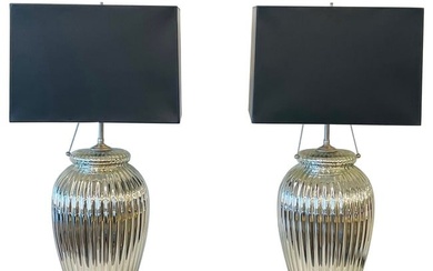 Pair of Mid-Century Modern Silver Table Lamps, Mercury Glass, Brass, Urn-Shaped