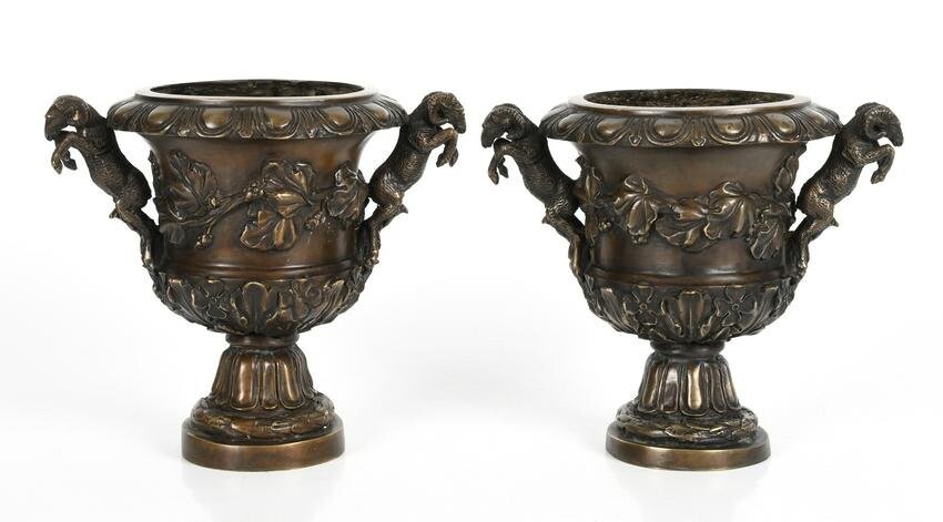 Pair of Neoclassical Style Patinated Bronze Urns