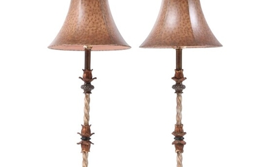 Pair of Patinated Metal, Parcel Gilt and Faux Marble Composite Table Lamps