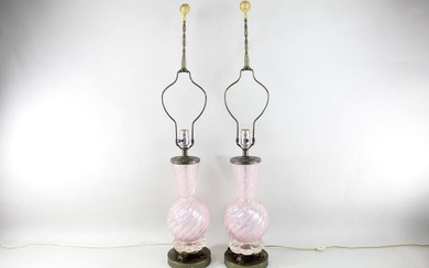 Pair of Pink Murano w/Silver Flakes Glass Table Lamps