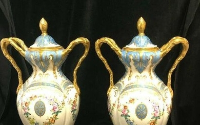 Pair of Pretty Hand Painted Porcelain French Urns with