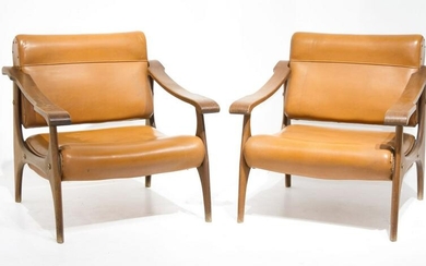 Pair of armchairs, wooden frame, seat and backrests in