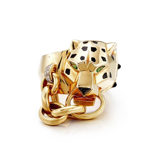 'Panthère' Gold, Tsavorite Garnet, Diamond, Onyx and Lacquer Ring | 卡地亞 | 'Panthère' K金、沙弗萊石、鑽石 配 縞瑪瑙 及 彩漆 戒指, Cartier
