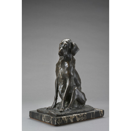 Paolo Troubetzkoy ( Intra 1866 - Pallanza 1938 ) , "Cane a riposo" scultura in bronzo (h cm 24) poggiante su base in marmo Firmata alla base