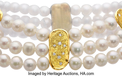 Patricia Frattauro Diamond, Cultured Pearl, Gold Necklace Stones: Full-cut...