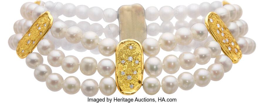 Patricia Frattauro Diamond, Cultured Pearl, Gold Necklace Stones: Full-cut...