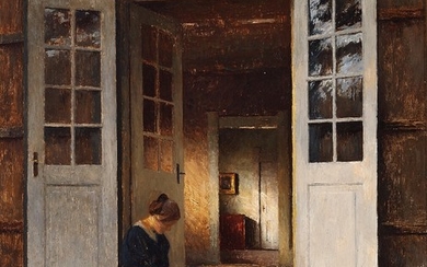 Peter Ilsted: “I Havedøren”. Young girl reading in the doorway at Liselund. Unsigned. Oil on panel. 54×46 cm.