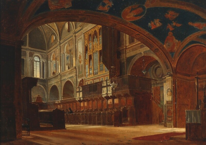 Peter Kornbeck: Italian church interior. Signed and dated P. Kornbeck, 1871. Oil on panel. 31×43 cm.