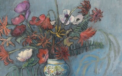 Pierre Paul GIRIEUD (1876-1948). Bouquet de fleurs au vase en faïence. Huile sur toile. Signé...