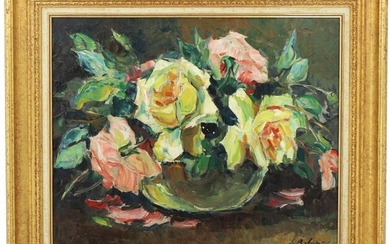 Pierre de BELAY (1890-1947) "Bouquet of roses", oil on canvas, signed lower right, 38 x 46 cm, on the back on a label "Exposition P. de Belay Cosne sur Loire Maison de la Culture mai 1957, Title of the canvas "Fleurs"".