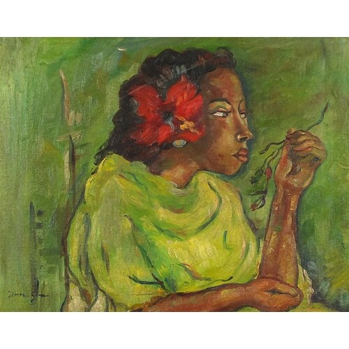 Portrait of an African lady holding flowers, oil on canvas, ...