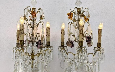 Pr Antique Fancy Crystal Brass & Marble Lamps. Candelab