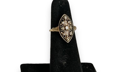 Pretty Vintage Navette Ring w/Black Enamel