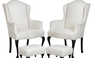 Queen Anne Style Wing Chairs & Stools, Pair