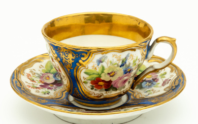 RUSSIAN PORCELAIN CUP & SAUCER WITH FLORAL DECOR