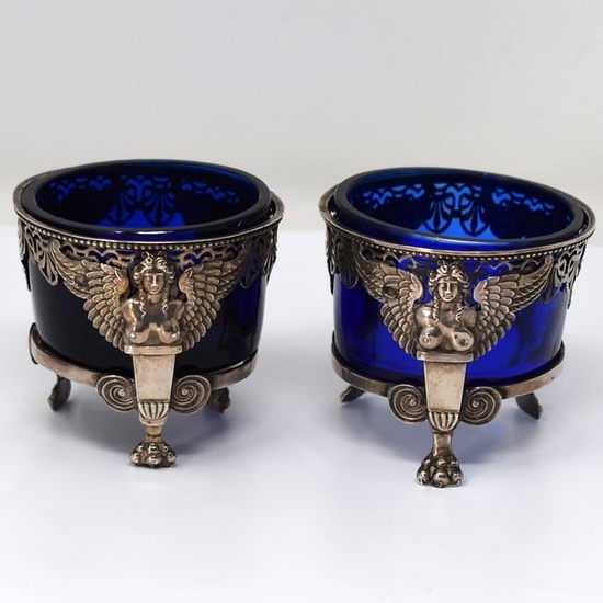 Rare pair of French silver mounted Neoclassical salt cellars circa 1800