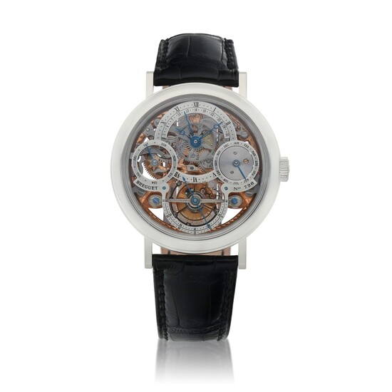 Ref. 3755PR1E9V6 Platinum skeletonized tourbillon perpetual calendar wristwatch with retrograde date and leap-year indication Circa 2008, Breguet
