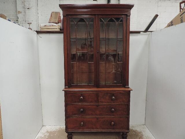 Regency Mahogany Gothic Double Glass Door Bookcase on Two...
