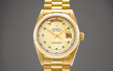 Rolex Day-Date, Reference 18038 | A yellow gold, diamond and emerald-set wristwatch with day, date and bracelet, Circa 1987 | 勞力士 | Day-Date 型號18038 | 黃金鑲鑽石及綠寶石鏈帶腕錶，備日期及星期顯示，約1987年製