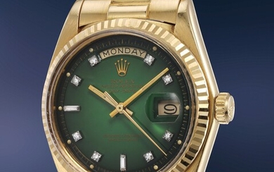 Rolex, Ref. 1804 An eclectic and uncommon yellow gold automatic wristwatch with center seconds, day, date, green degrade' dial, diamond-set numerals, bracelet and box