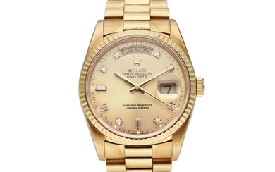 Rolex Reference 18238 Day-Date | A yellow gold and diamond-set automatic wristwatch with day, date, and bracelet, Circa 1993