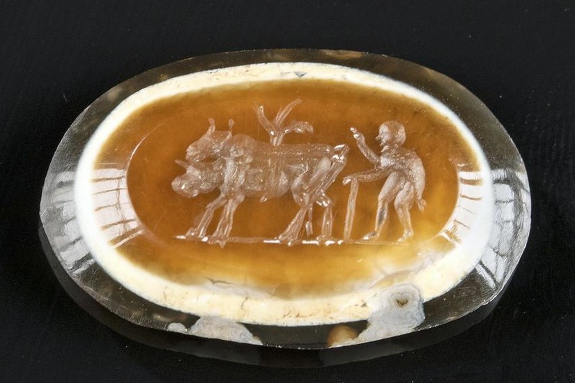 Roman Banded Agate Intaglio - Man with Oxen
