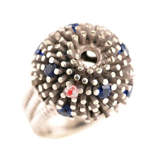 Ruser Sapphire, Diamond, 18k White Gold Bombe Ring.