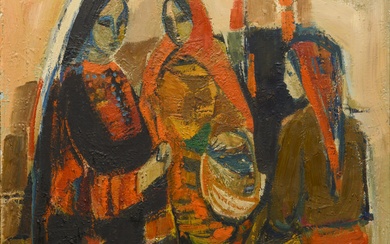 Ruth Schloss (Israeli 1922 - 2013) Textured Oil, Three Women at the Market, Signed, 54 x 65