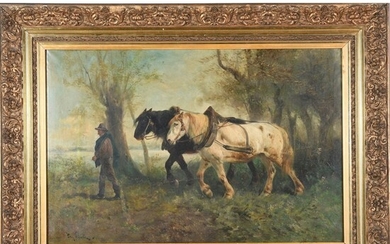SCHOUTEN Henry. (1857-1927). « Les chevaux de labour ». Huile sur toile signée et encadrée....