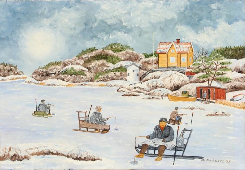 SOLD. Curt Sjöberg: "Vinterfiske vid julafton Trosa". Signed C Sjöberg 78. Oil on canvas. 40 x 58 cm. – Bruun Rasmussen Auctioneers of Fine Art