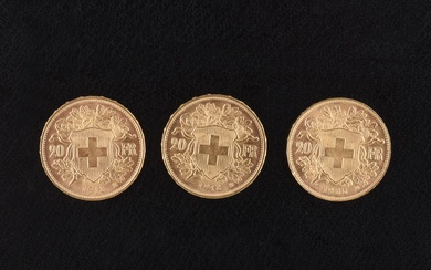SUISSE 3 pièces 20 Francs or Croix Suisse type Vreneli, 1913 Berne (2) et 1935...