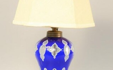 Sandwich glass oil lamp, blue cut to white to clear on