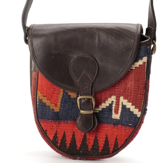 Sao Flap Front Crossbody Bag in Brown Leather and Woven Kilim Style Textile