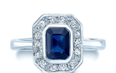 Sapphire And Diamond Bezel Emerald Cut Halo Ring In 14k White Gold