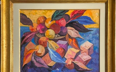 Saverio Terruso "Cubi e frutta" 1995 olio su tela cm 40x50 firmato in basso a de