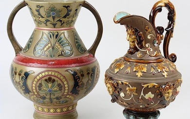 Schiller & Sohn Historism jug and Saargemünd Historism handle vase: Pitcher made of light-coloured ceramic, semi-glazed walls with relief decoration of leaves and tendrils as well as 4 female mascarons, a lion mascaron at the spout, monogram WS & S...
