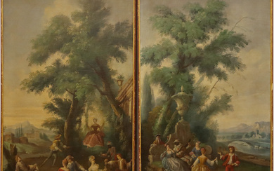 Scuola francese della fine del secolo XVIII "Scene galanti all'aperto" Coppia di dipinti ad olio su tela, cm 140x79…
