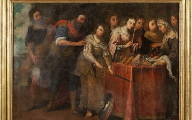 Scuola genovese inizi sec.XVIII (A.De Ferrari) "Scena biblica con molti personaggi" olio,...